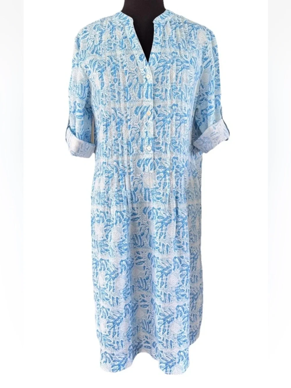 J. McLaughlin Riviera Print Blue Linen Shift Dress Pleated Roll Tab Sleeves Sz M - Picture 1 of 10